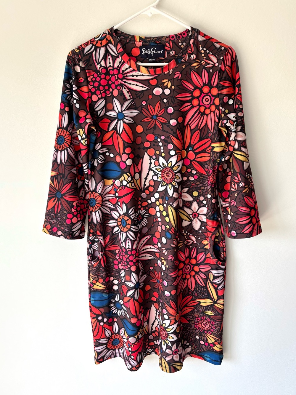 Lesley Evers Arden Shift Mini Dress 3/4 Sleeves Vintage Floral Brown 70s Boho